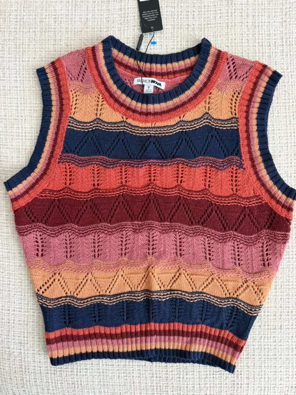 Fashion Nova Multi Colored Geometric Knit Vest Navy Red Peach